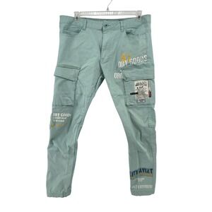SMOKE RISE Mens Stencil Printed Twill Cargo Blue/Mint Pants Size 38x30.5 Retro